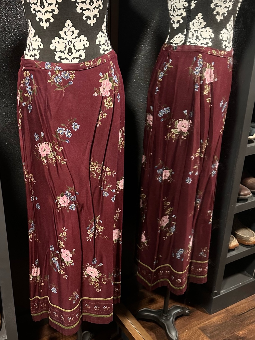 Vintage 90s Crazy Horse by Liz Claiborne Floral Maxi Rayon Skirt - Burgundy